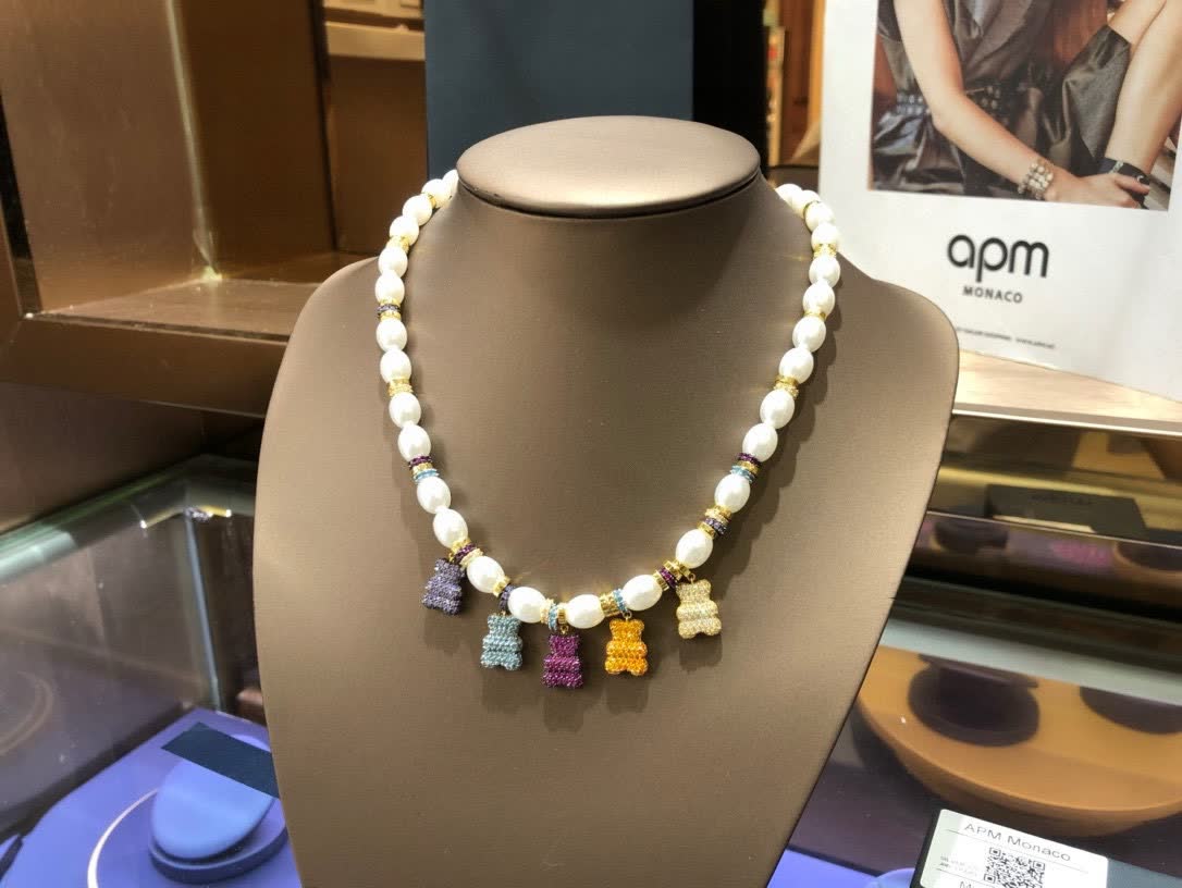 APM Monaco Pearl and Crystal Bear Charm Necklace